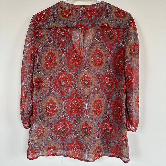 Lucky Brand V-Neck Blouse Semi Sheer Paisley Floral Red Lightweight Sz SMALL - Picture 5 of 9